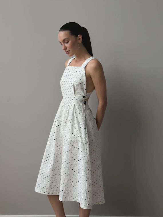 White polka dot cotton sundress, strappy summer dress, light & breezy casual look