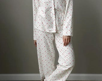 Women’s flannel pajama set, soft loungewear with loose top & elastic waist pants, in 3 colors