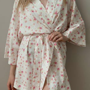 Short floral cotton kimono robe, soft batiste, lightweight lounge & beach cover-up