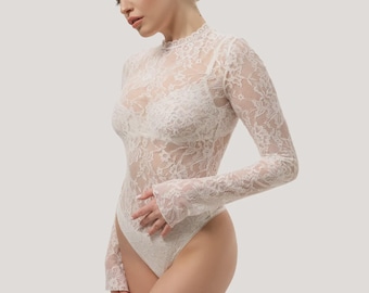 Doorschijnende bodysuit met lange mouwen voor dames, transparante elegante top, sexy kanten lingeriestijl