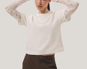 Frauen Baumwoll Top mit Spitze Ärmel, Elegante Feminine Langarm Bluse