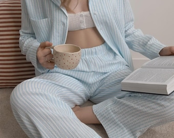 Women’s striped muslin set, soft cotton shirt and pants, lightweight loungewear