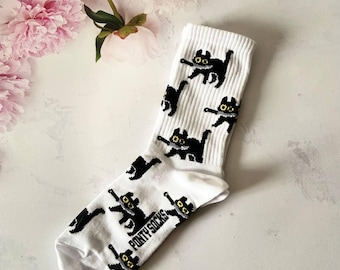 Funny Cat Socks – Cat Killer Print – Gift for Cat Lovers – White Unisex Socks – Quirky Animal Socks – Cat Themed Gift