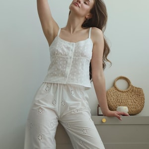 Embroidered cotton tank top, soft eyelet summer top with straps, breathable boho camisole for home, walks or vacation