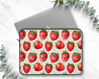 Pink Strawberry Fruits Laptop Sleeve, Cozy Gamer Carrying Case for Laptop, iPad Tablet, Kawaii Fruit Macbook Air Travel Bag 15, 13, 12 inch