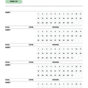 A Digital habit tracker journal displaying options for daily, weekly, and monthly habit tracking. Suitable to use with the goodnotes app or as a printable pdf