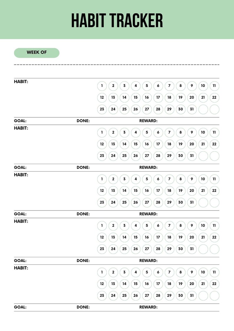 A Digital habit tracker journal displaying options for daily, weekly, and monthly habit tracking. Suitable to use with the goodnotes app or as a printable pdf