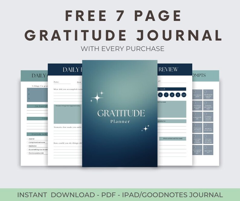 A free 7 page gratitude journal with every purchase. Perfect for use with the goodnotes app or as a printable pdf.