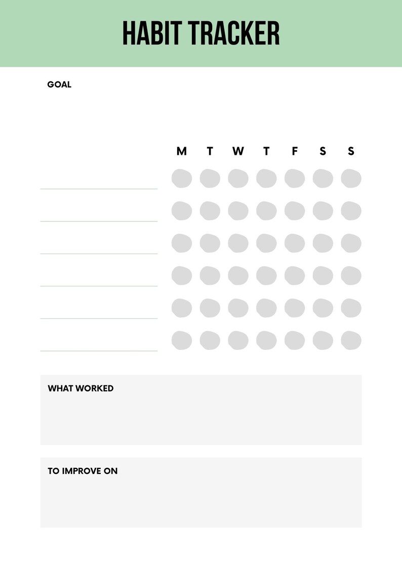 A digital habit tracker journal showing sections for daily, weekly, and monthly habit tracking. Suitable to use with the goodnotes app or as a printable pdf