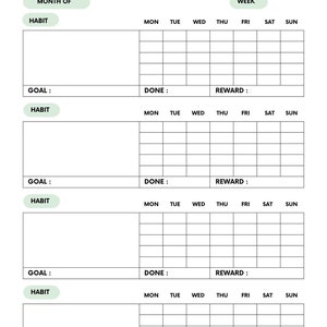 Digital habit tracker journal layout featuring sections for daily, weekly, and monthly habit tracking options. Suitable to use with the goodnotes app or as a printable pdf
