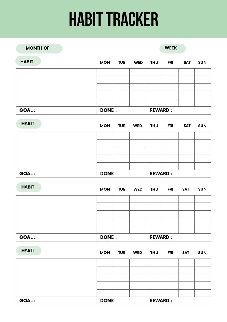 Digital habit tracker journal layout featuring sections for daily, weekly, and monthly habit tracking options. Suitable to use with the goodnotes app or as a printable pdf
