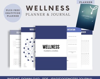 May include: A printable wellness planner and journal with a blue cover and the text "WELLNESS PLANNER & JOURNAL". The planner includes sections for self-care, mood tracking, intention setting, and habit tracking.