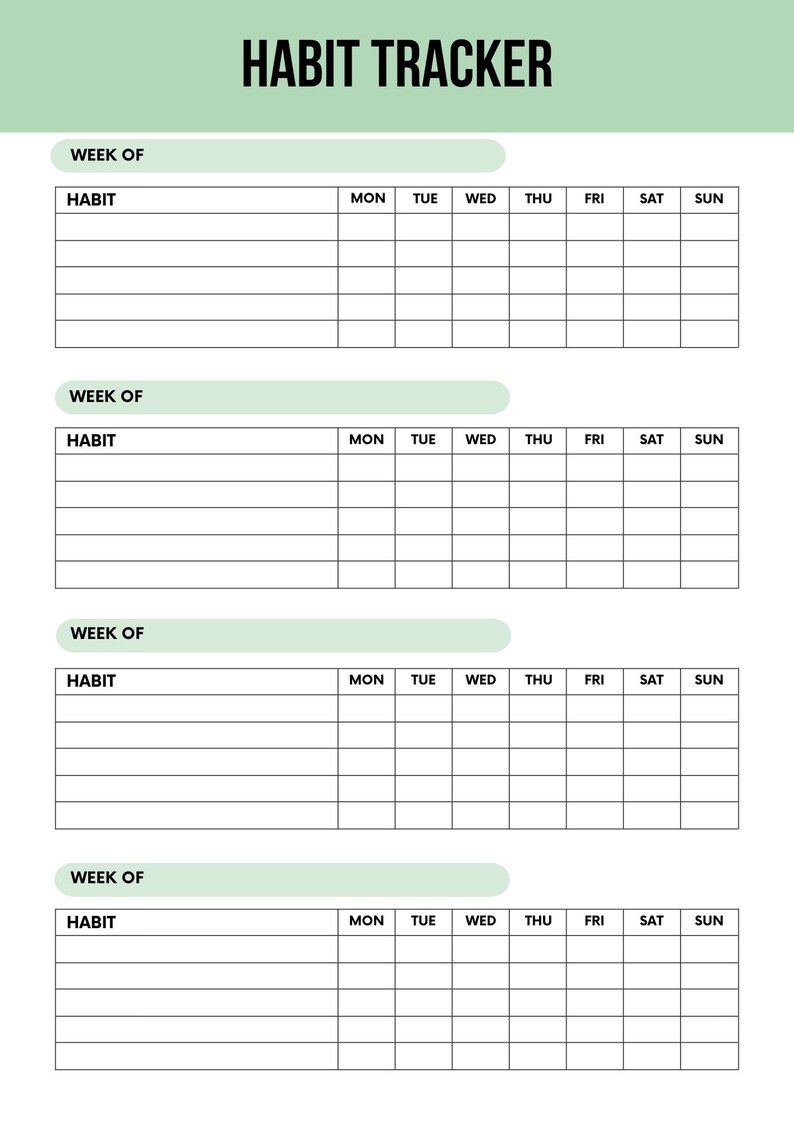 Digital habit tracker journal layout featuring sections for daily, weekly, and monthly habit tracking options. Suitable to use with the goodnotes app or as a printable pdf