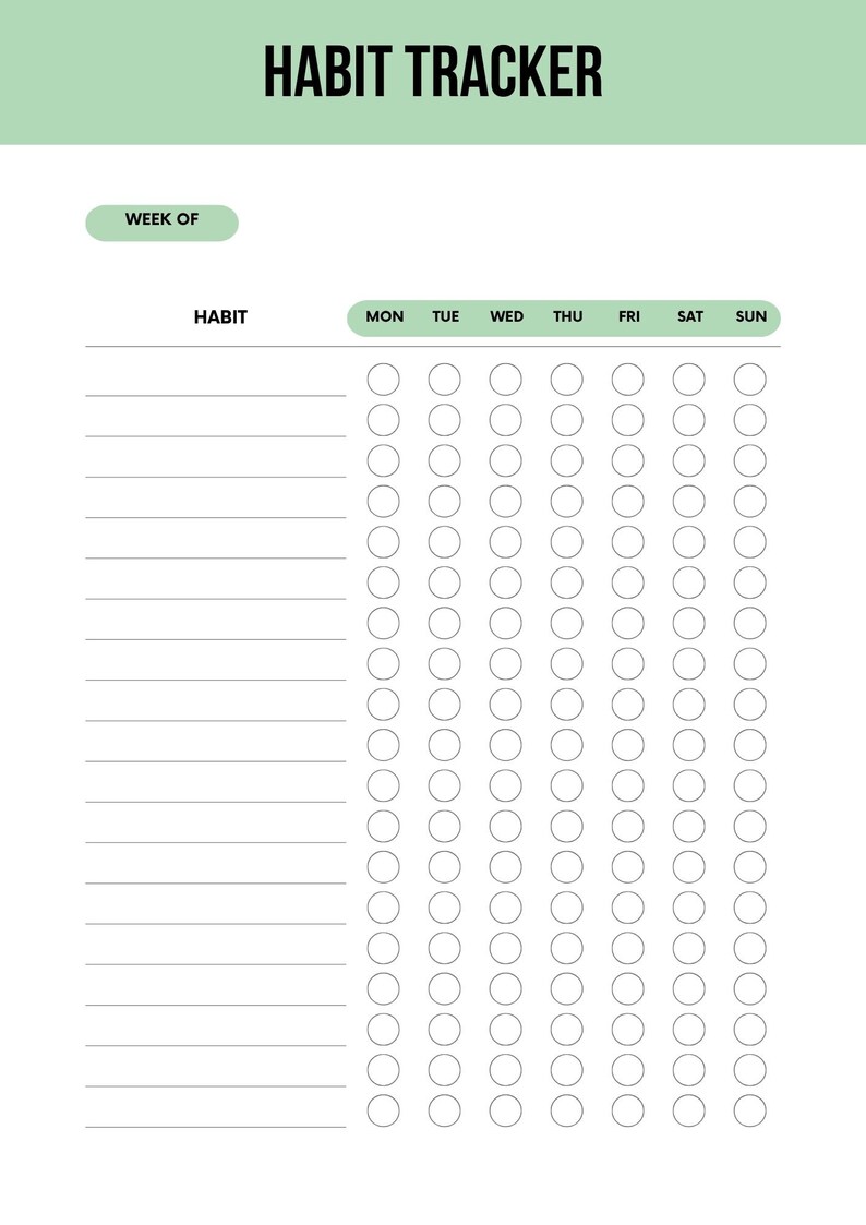 Digital habit tracker journal layout offering daily, weekly, and monthly habit tracking functionalities. Suitable to use with the goodnotes app or as a printable pdf