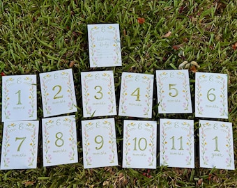 Tarjetas mensuales de hitos para bebé niña, pintadas a mano con acuarela y estilo caprichoso, con inicial personalizada.