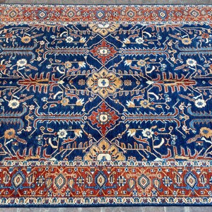 Tapete tribal afegão azul marinho e vermelho 6x9 - lã fiada à mão e tingimentos naturais, tapete para sala de estar - tapete para área - tapete para quarto - 186 x 277 cm