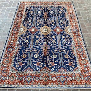 Tapete tribal afegão azul marinho e vermelho 6x9 - lã fiada à mão e tingimentos naturais, tapete para sala de estar - tapete para área - tapete para quarto - 182 x 276 cm