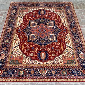 Alfombra oriental con medallón Heriz rojo de 8 x 10 pulgadas - Alfombra afgana de lana teñida con vegetales anudada a mano - Alfombra para dormitorio - Alfombras para sala de estar - Decoración del hogar - 243 x 300 cm