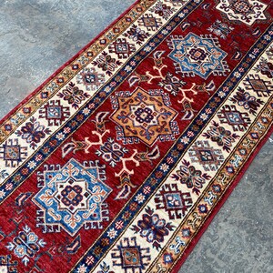 3x9 Tribal Kazak Runner Rug - Red And Beige Afghan hand knotted Kazak Runner - Entryway Runner - Bathroom runner - Corridor Rug - 78x268 cm
