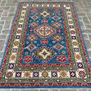 5x7ft Kazak Area rug - Blue Afghan Caucasian style Natural dyes Hand knotted Wool Rugs for Livingroom, Bedroom rug, Office Rug, Oriental Rug