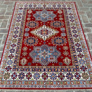 5x7 Kazak Area rug - Red  Afghan Caucasian style Natural dyes Hand knotted Wool Rugs for Living room, Bedroom rug, Office Rug, Oriental Rug