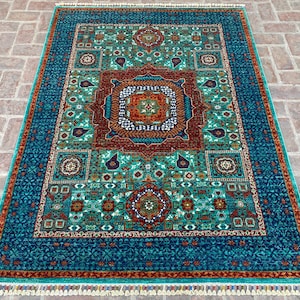 5x7 Navy Blue Mamluk Area Rug - Turkish Hand Knotted Veg dye Wool Geometric Medallion Rug - Rugs for living room - Bedroom rug - 210x156 cm