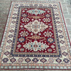 5x7 ft Kazak Area rug - Red Afghan Caucasian style Natural dyes Hand knotted Wool Rugs for Livingroom, Bedroom rug, Office Rug, Oriental Rug