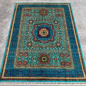 5x7 Navy Blue Mamluk Area Rug - Turkish Hand Knotted Veg dye Wool Geometric Medallion Rug - Rugs for living room - Bedroom rug - 213x160 cm