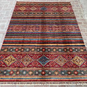6x8 Red Tribal Gabbeh Area Rug - Afghan Hand knotted Veg dyes wool Bedroom rug - Rugs for Living Room - Striped Gabbeh Rug - 6.0 x 8.3 ft