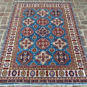 5x7ft Kazak Area rug - Blue Afghan Caucasian style Natural dyes Hand knotted Wool Rugs for Livingroom, Bedroom rug, Office Rug, Oriental Rug