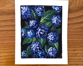 Blaue Ballhortensie, Original Gouache Malerei