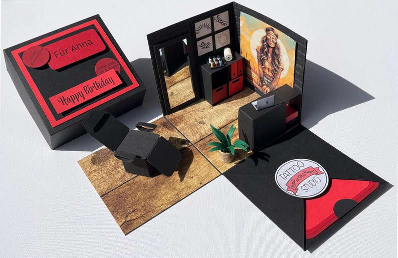 Popup Box / Explosionsbox Tattoo Gutschein Das perfekte Geschenk für bleibende Erinnerungen. Zum Geburtstag oder für andere Anlässe Rot