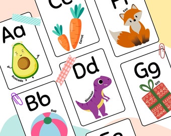 Tarjetas didácticas del alfabeto con gráficos bonitos / Tarjetas de la A a la Z / Recursos de aprendizaje para niños pequeños en edad preescolar y jardín de infantes / Tarjetas didácticas imprimibles