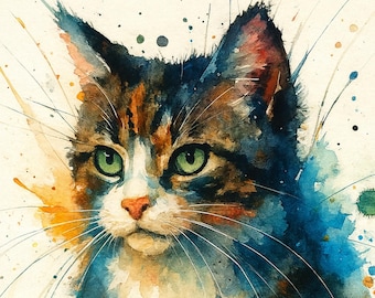 Pôster colorido de gato em aquarela – Pintura com respingos de gatinho malhado, download instantâneo