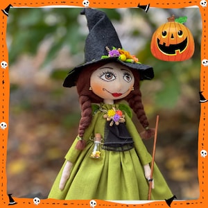 Handmade Halloween witch with broom and conical had, Kitchen fabric witch doll in green dress, Personalized  Halloween gift, Perfect for her