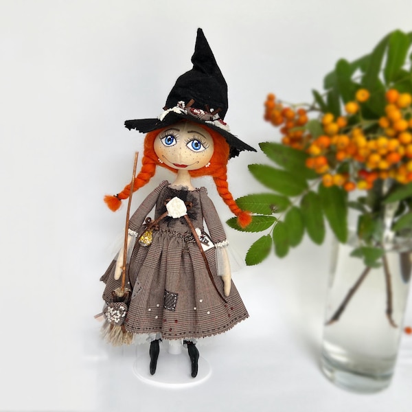 Ginger Kitchen Witch Doll with Broom, Halloween and Housewarming Gift, Witchy Folk Decor OOAK