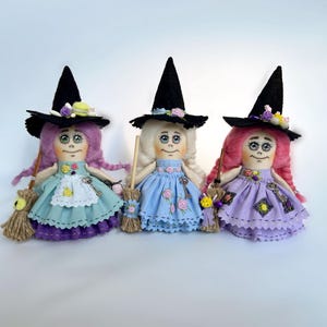 Muñeca de bruja hecha a mano, brujas pequeñas de tela, muñeca de bruja de Halloween, bruja morada, bruja azul, bruja de menta, regalo de bruja, decoración de Halloween