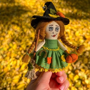 Handmade green witch doll with pumpkin, Standing or Hanging Witch Ornament, Halloween Decor, Kitchen Witch, Witch  Housewarming Gift