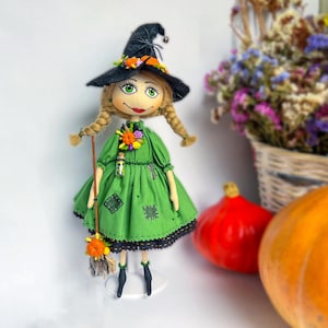 Muñeca de bruja de Halloween con calabaza, bruja calabaza, bruja verde, bruja buena, linda muñeca de bruja de cocina, decoración de Halloween personalizada, Halloween