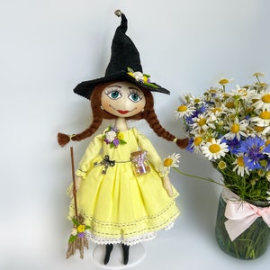 Handmade Witch Doll in Yellow Dress with Broom, Kitchen Good Luck Charm, Halloween Gift for Witch Lover, Rag doll,Halloween gift from friend