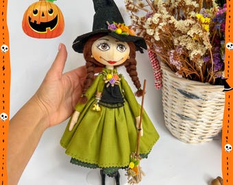Green Kitchen Witch Doll with Broom, Halloween Hostess Gift, Dark Cottagecore Textile Decor