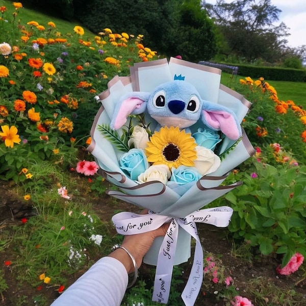 Bouquet en peluche Lilo Stitch, bouquet de jouets en peluche, bouquets au crochet, bouquet de fleurs anime, cadeau pour les enfants, cadeaux de Pâques