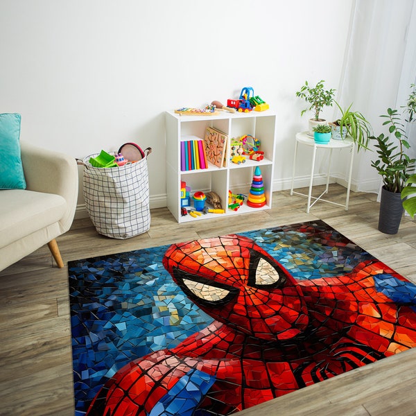 Spider-Man tapijt, kinderkamertapijt, stripboekdecor, heroïsche sfeer, tapijt met superheldenthema, decor boordevol actie, avontuur geïnspireerd