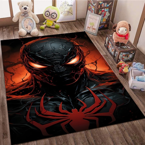 Spider-Man tapijt, kinderkamertapijt, stripboekdecor, heroïsche sfeer, tapijt met superheldenthema, decor boordevol actie, avontuur geïnspireerd