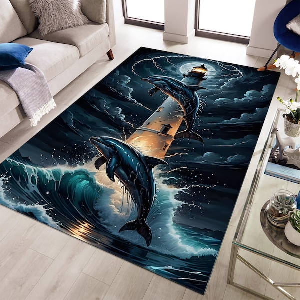 Dolphin Rug, Ocean Life, Sea Creatures, Joyful Dance, Trendy Design, Trendy Rug, Living Room Rug, Area Rug, Bedroom Rug, Salon Rug, Gift Rug