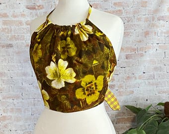 Top halter reversible estilo retro tiki floral de los años 70, talla grande, pieza única hecha a mano.