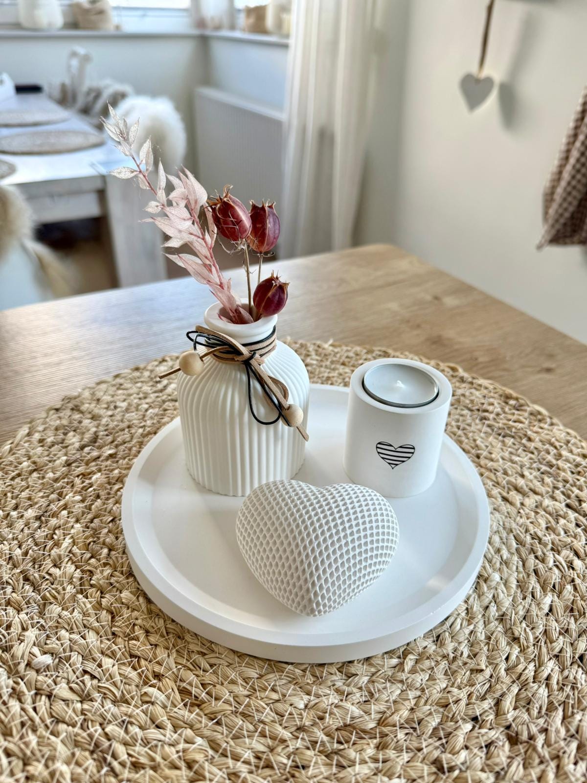 Deko, Frühling, Tablett, Vase, Herz, Teelichthalter, Frühlingsdekoration, Tischdekoration, Geschenk, Mitbringsel, Geschenkidee, Deko in weiß