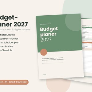Könnte beinhalten: Ein digitaler Budgetplaner 2027 mit einem grün-cremefarbenen Einband und dem Text Budget-planer 2027. Der Planer enthält Abschnitte für Monatsbudgets, Ausgabentracker, Spar- und Schuldenpläne sowie eine Übersicht für Fixkosten und Abos.