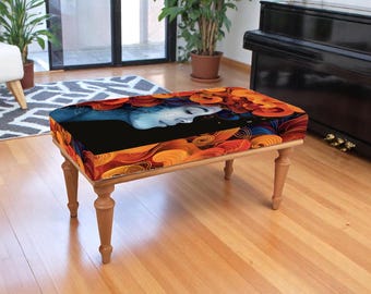 Surreal swirl pattern bench with orange, red and black tones – ideal for modern interiors, entryway decor or stylish seating