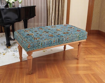 Vintage Turkish Rug Bench, Blue Ottoman with Floral Pattern, Boho Printed Upholstered Seat for Entryway, Bedroom or Living Room Decor